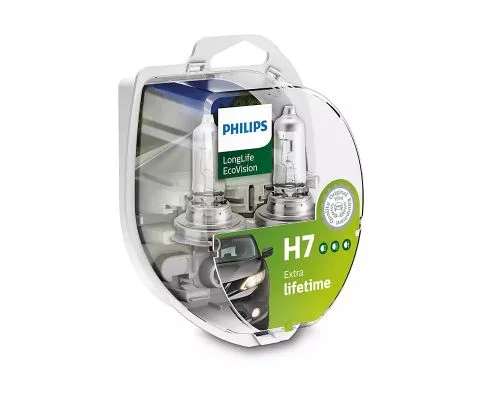 Лампа головного света PHILIPS LongLife EcoVision H7 12V 55W PX26d, набор 2шт