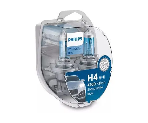 Лампа головного света PHILIPS WhiteVision Ultra H4 12V 60/55W P43t-38, набор 2шт