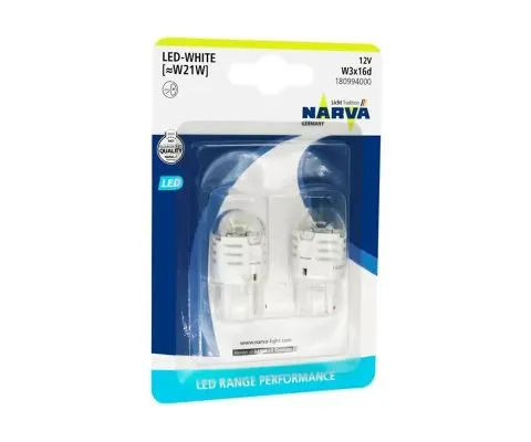 Сигнальная лампа NARVA Range Performance LED W21W 12V 2.8W W3x16d, набор 2шт