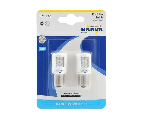 Сигнальная лампа NARVA Range Power LED P21W Red 12V 2.8W BA15s, набор 2шт