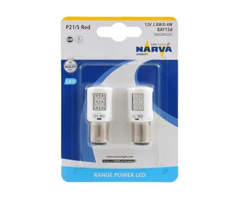 Сигнальная лампа NARVA Range Power P21/5W Red 12V 2.8/0.4W BAY15d, набор 2шт